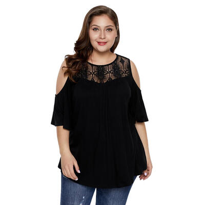 

Loose Solid Color Cold Shoulder Lace Tops Women Plain Short Sleeve T-shirt