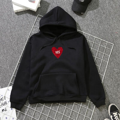 

Couples Women Autumn Winter Warm Long Sleeve Sweet Heart-shape Print Thickening Plus Velvet Loose Hooded Tops