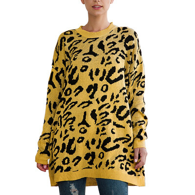 

Women Winter Leopard Printed Round Collar Loose Concise Casual Long Sleeve Sweater