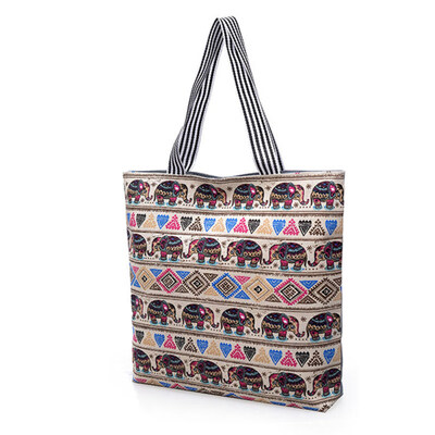 

Women Ethnic Elephant Print Large Capacity Zippered Shopping Tote Shoulder Bag
