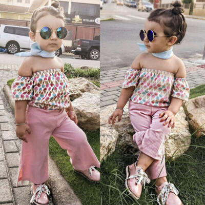 

US 2Pcs Toddler Kid Baby Girl Off Shoulder TopLong Wide Pants Summer Outfit Set