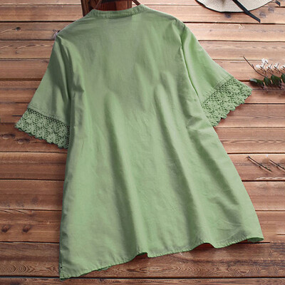 

Womens Embroidered Cotton Linen Loose Short-sleeved V-neck Shirts Tops