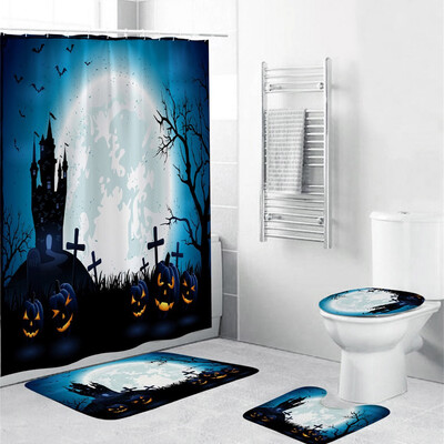 

〖Follure〗Halloween festival 4PCS Non Slip Toilet Polyester Cover Mat Set Bathroom Curtain
