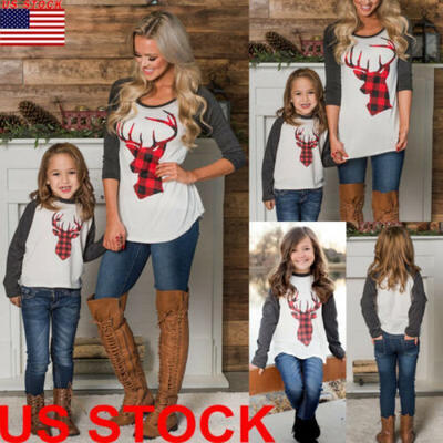 

US Family Matching Outfits Tshirt MOTHER SON Women&Girls Christmas Deer Tee Tops