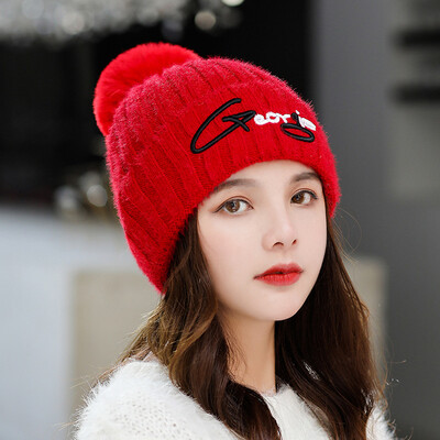 

2019 New Korean ladies fur ball letter Joker solid color wool hat warm winter pullover knitted hat tide