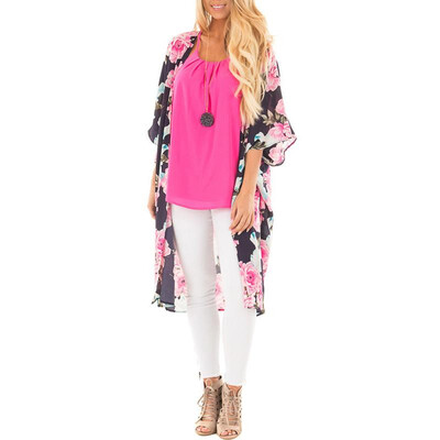 

Women Kimono Cardigan Floral Print 34 Sleeves Slit Boho Loose Long Bikini Cover Ups Beachwear