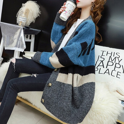 

New womens long cardigan sweater letter printing fashion loose fashion casual Korean version of the knitted jacket