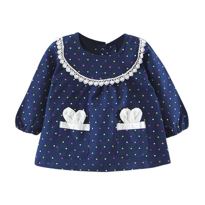 

Spring Solid Color Rabbit Ears Pocket Printed Doll Dress Baby Girls Dot Long Sleeved Dress