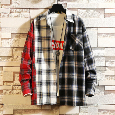 

Tailored Mens Casual Fashion Plaid Printing Patchwork Lapel Long Sleeve Shirt Top Blouse