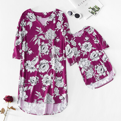 

Mommy＆Me Child Short Sleeve O-Neck Floral Printing Skirt Family Clothes Dress