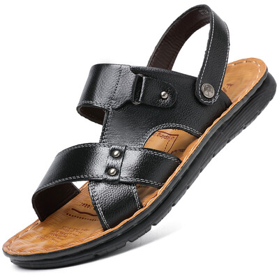 

Poitulas Mens first layer cowhide hand stitching sandals two users outside casual beach shoes men 7188 black 39