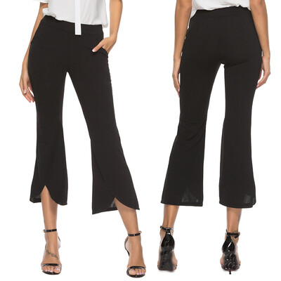 

Tailored Ladiesplain-colour Pocket Slacks Waist Slacks Trumpets Seven-minute Pants