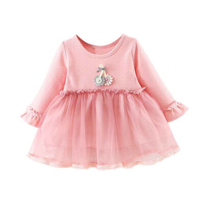 

Spring Casual Baby Girls Solid Print Mesh Dress Cotton Kids Toddler Long Sleeve Sundress