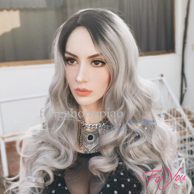 

Fashion Silver ombre wig dark root 1B Long Wave synthetic wigs body wave wigs Brazilian Hair synthetic Full wig heat resistant