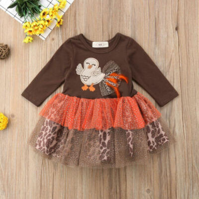 

Toddler Baby Girls Thanksgiving Outfits Long Sleeve Turkey Leopard Tulle Dresses