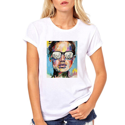 

Starmoon Women Cartoon Girl Print Round Neck Short Sleeved White T-shirt Blouse