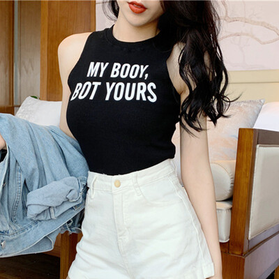 

Women Sleeveless O-Neck Pullover Letter Print Knitted Crop Tank Top