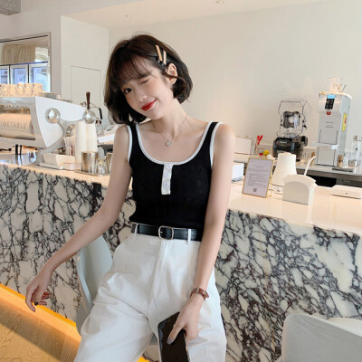 

Women Summer Sexy Round Neck Sleeveless Slim Button Solid Color Camisole T-Shirt