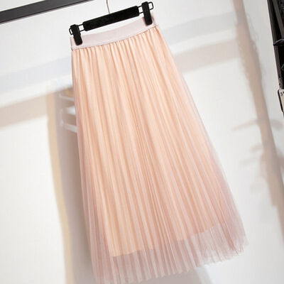 

Women Fashion High Waist Mesh Skirt Knee-length Tulle Skirt Female Sweet Midi Pleated Skirts