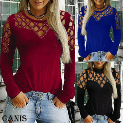 

Fashion Women Ladies Bodycon Casual Long Sleeve Hollow Out T-Shirt Blouse Top