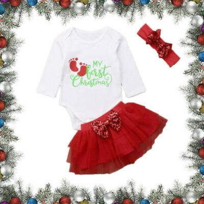 

Newborn Baby Girl My 1st Christmas Clothes RomperLace Tutu Skirt 3PCS Outfit UK