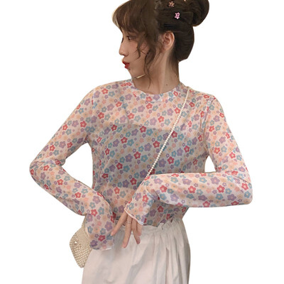 

Womens Casual O Neck Floral Print Long Sleeve Mesh Perspective Sun Protection T-Shirt