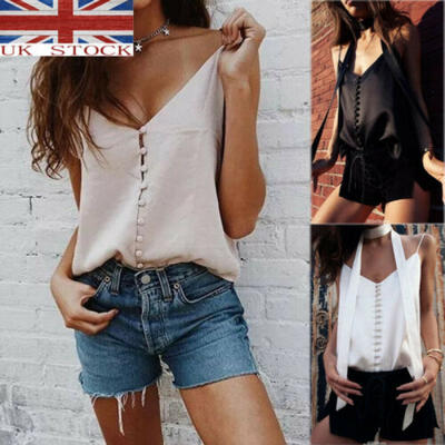 

UK STOCK Women T-Shirt Summer Button Vest Sleeveless Silk Blouse Casual Tank Top