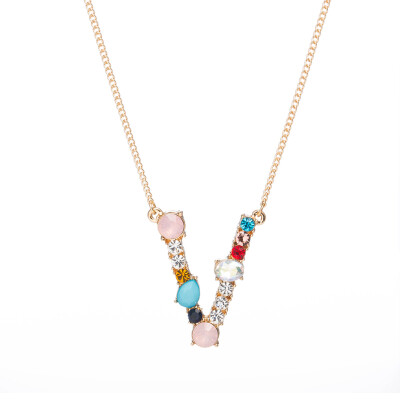 

A-Z Capital Letter Pendant Colorful Rhinestone Inlaid Women Necklace Jewelry
