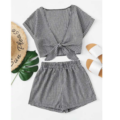 

Roseonmyhand Fashion Women Printed Short Sleeve Bandage V-Neck BlouseShorts Hot Pants Set