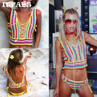 

AU New Womens Rainbow Knitted Bra Swimwear Bathing Beachwear Bikini Tops Summer