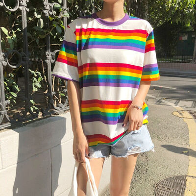 

Harajuku Women Rainbow Stripe T-Shirt For Girls Summer Casual Female Shirt Short Sleeved Ladies T-shirts Woman Tops Feminine