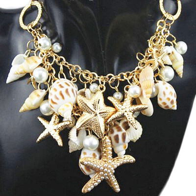 

Womens Ocean Sea Shell Faux Pearl Starfish Layered Statement Necklace Jewelry