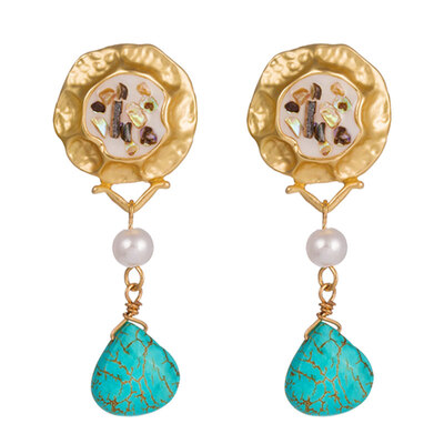 

Colorful Shell Waterdrop Faux Turquoise Long Dangle Women Party Stud Earrings