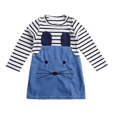 

Girls Cute Mouse Stripe Long Sleeve Dress Kid Cotton Splicing Color Clothes
