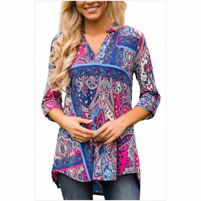 

V-neck long sleeve front short long bohemian printed shirt top