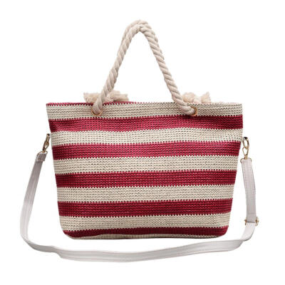 

Girls Hit Color Stripe Shoulder Handbags Women Shopping Straw Satchel Totes