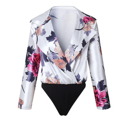 

Women Deep V-Neck Floral Print Bodysuit Long Sleeve Sexy Nightclub Jumpsuit