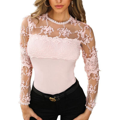 

Women Autumn Long Sleeve Solid Lace Sexy Tight Tops Blouse Sweatshirt Leisure Stylish Patchwork Casual Shirt Mesh Insert