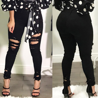 

Tailored Women High Waisted Skinny Elastic Denim Pants Holes Broken Pencil Jeans