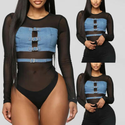 

Sexy Womens Lace Bodysuit Sheer Mesh Turtleneck Long Sleeve Leotard Top Jumpsuit
