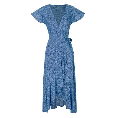 

Summer Print Dress Womens Solid Color V-neck Short-sleeved Ruffle Dress