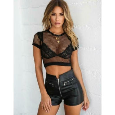 

Summer Women Sexy Sheer Mesh Crop Tops Tee Short Sleeve Shirt T-shirt Blouse