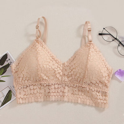 

Women Floral Lace Bralette Bustier Crop Top Sheer Mesh Embroidery Sexy Deep V Adjustment Padded Bra Nylon Soft Wireless Bra