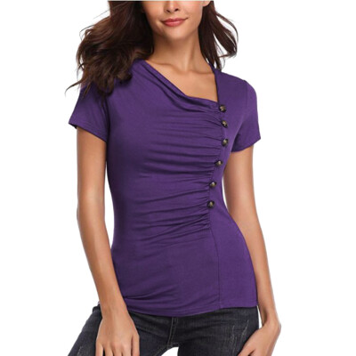 

Nomeni Fashion Womens Casual Skew Neck Button Short Sleeve Blouse Tops Solid T-Shirt