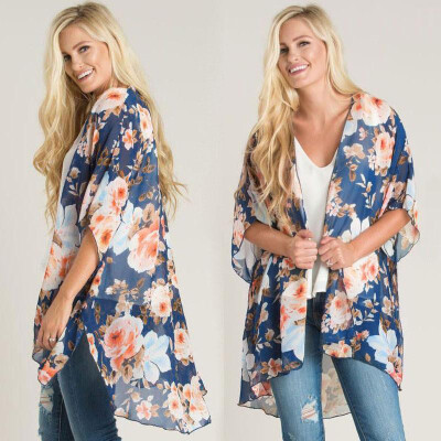 

Women Chiffon Kimono Colorful Floral Print Low High Irregular Hemline Open Front Half Sleeve Beach Bikini Cover Up