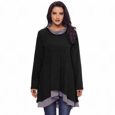 

High-neck long-sleeved stitching hem with loose casual sports sweatshirt