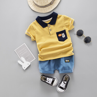 

Summer Baby Boys Short Sleeve Striped Cartoon Print Tops Blouse T-shirtShorts Children Casual Outfits Sets