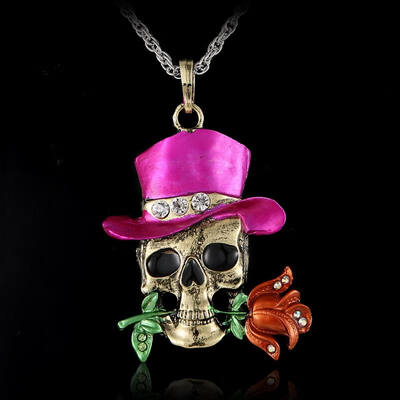 

Long Jewelry Sweater Necklace Clear Crystal Skull Flowers Jewelry Enamel Skeleton Pendants Necklaces Fashion Necklaces For Women