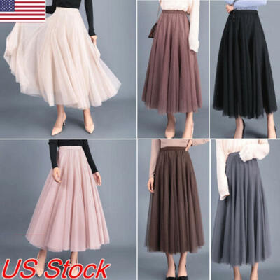 

US Women High Waist Lace Mesh Tulle Floral Long Skirt Ladies Pleated Maxi Dress