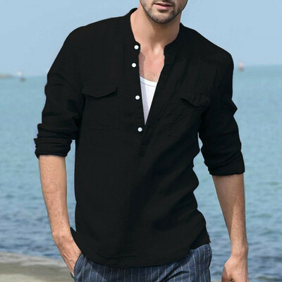 

Mens Linen Long Sleeve Shirt Slim Fit Summer Loose Casual V-Neck T-Shirts Tops